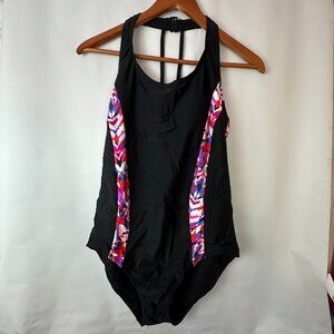 Catalina Womens Size 12-14 Black Red One Piece Halter Swimsuit Slimming Clean